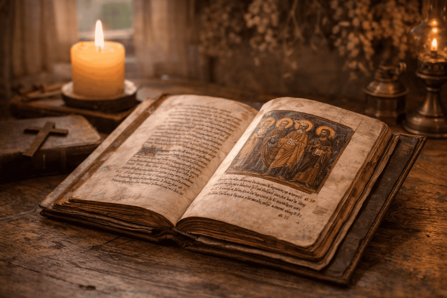 Open ancient illuminated manuscript with handwritten text and miniature of haloed saints on a wooden table beside a lit candle and wooden cross.