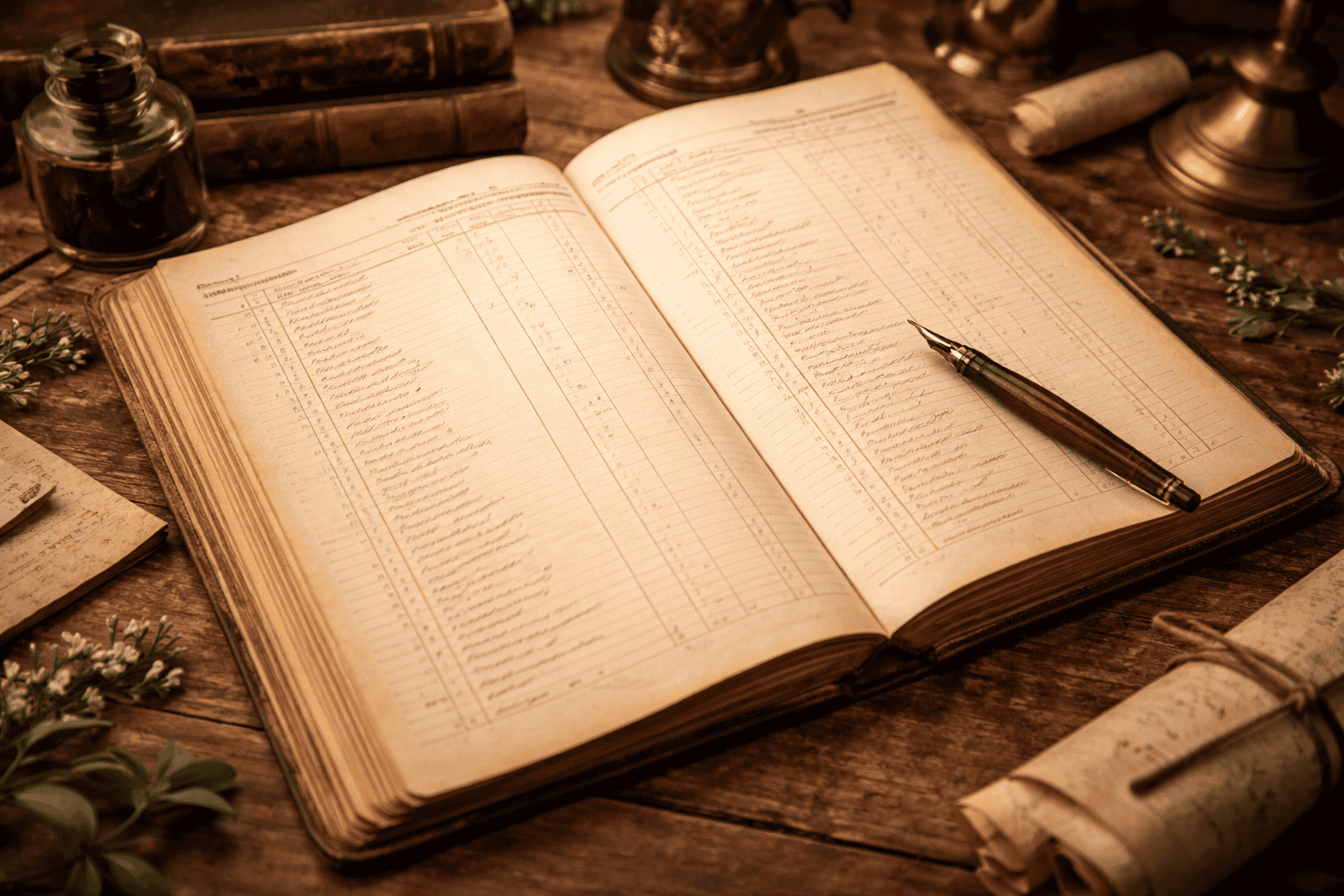 Open vintage ledger book with handwritten entries on a wooden desk beside ink and antique books.