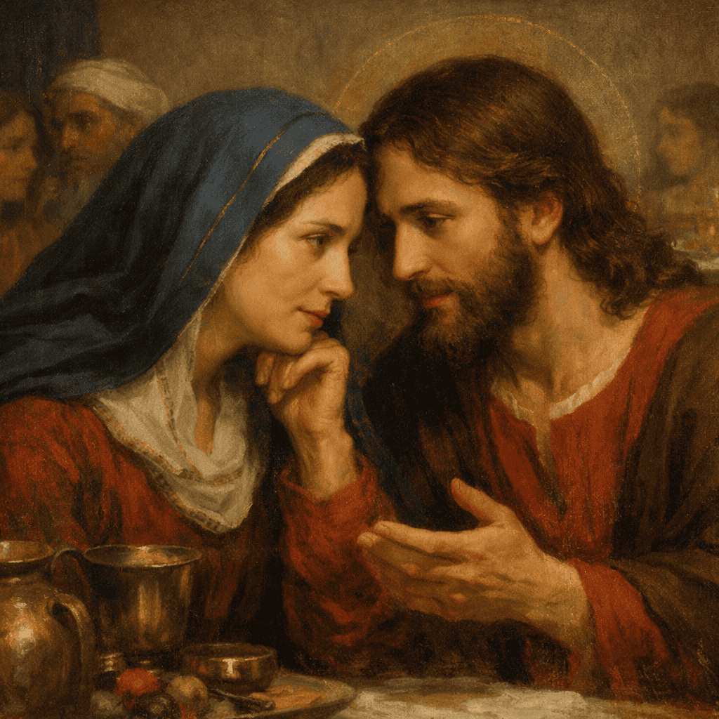 Mary and Jesus seated closely together at the Wedding Feast at Cana, speaking quietly amid a warm, softly lit wedding setting with cups and vessels on the table.