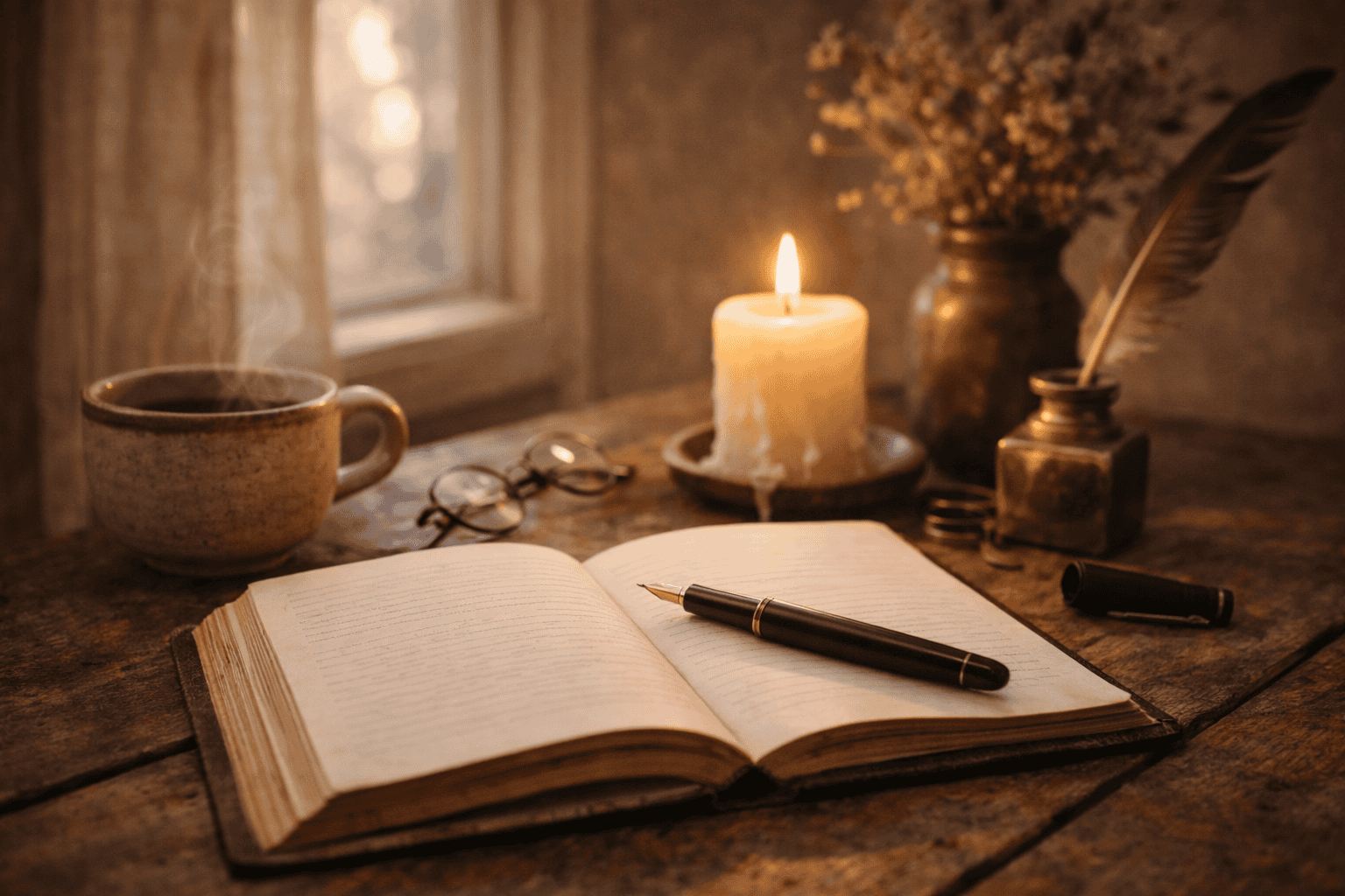 Open notebook with fountain pen on a wooden table beside a lit candle, steaming cup of coffee, eyeglasses, and ink bottle in warm window light.
