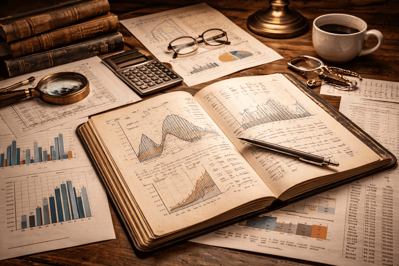 Open notebook with graphs and charts on a wooden desk beside a calculator, magnifying glass, and reference books.