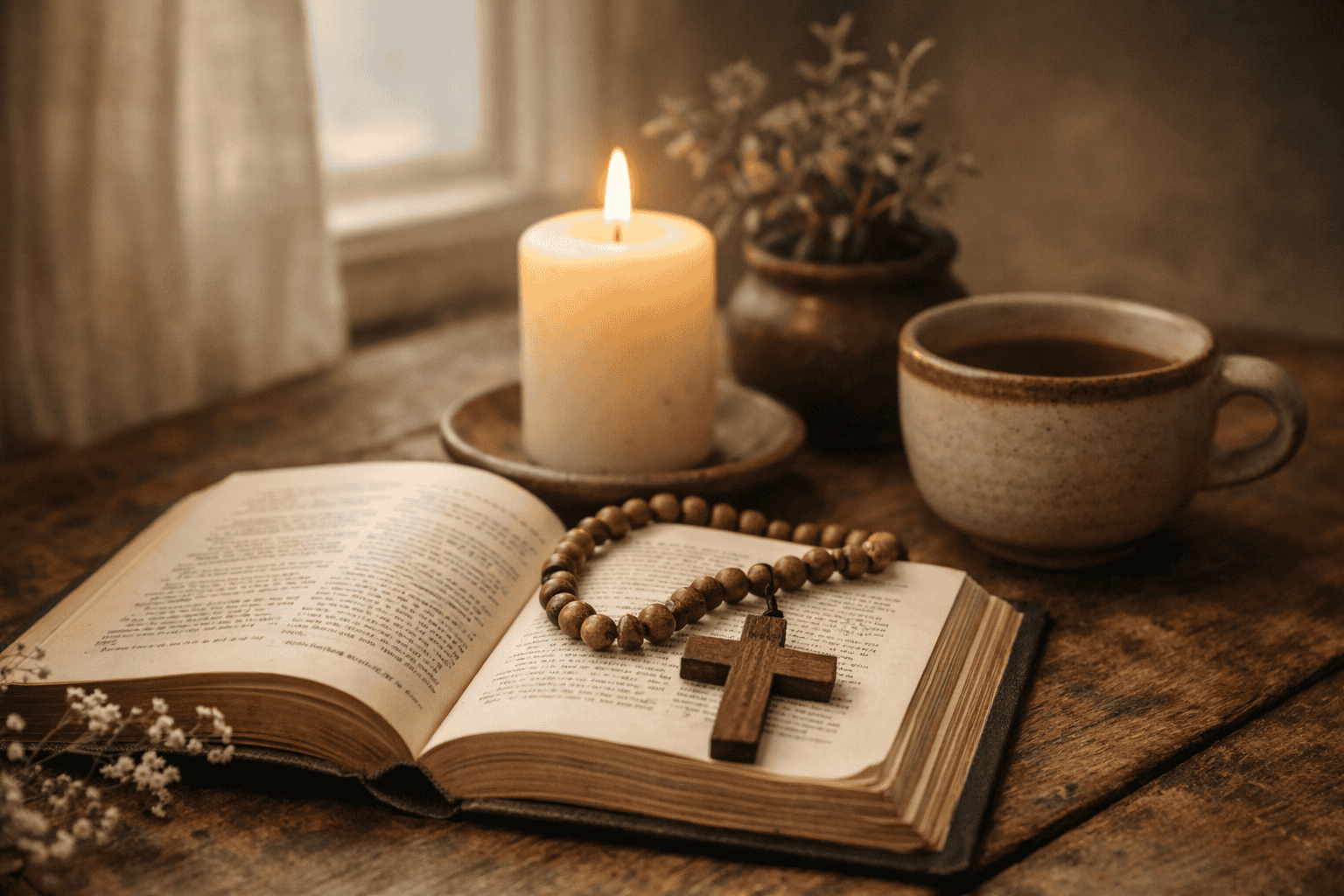 Open Bible with a wooden rosary and cross resting on its pages beside a lit candle and cup of tea on a rustic wooden table.