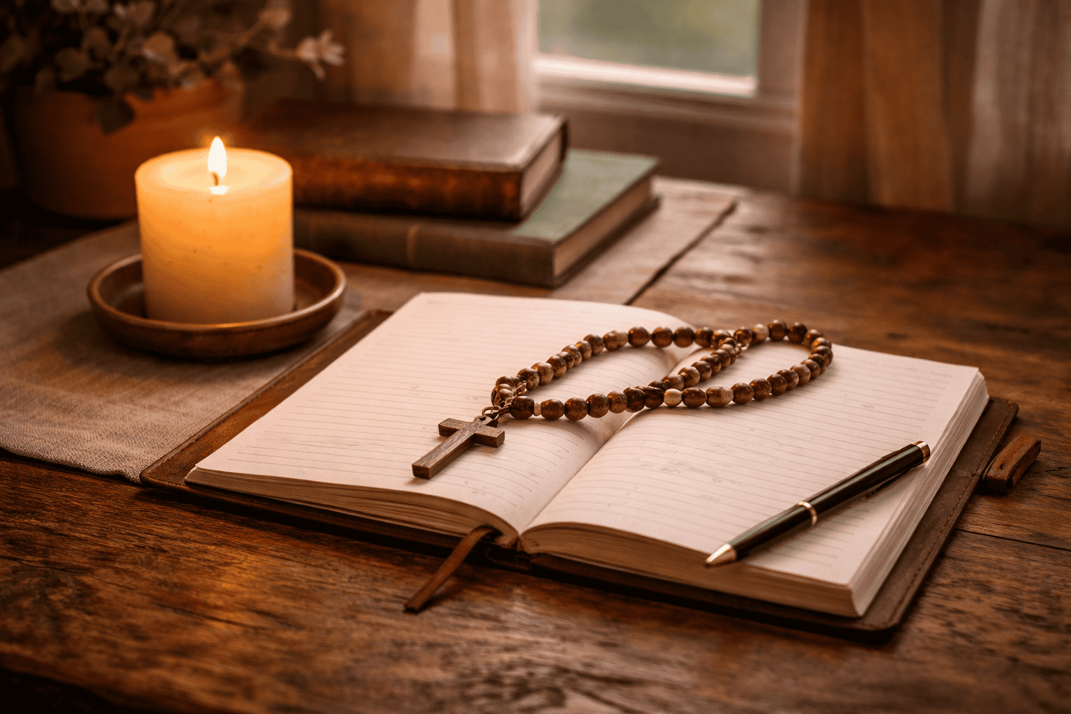 Open journal with wooden rosary and cross resting on its pages beside a lit candle and pen on a rustic wooden table in soft natural light.