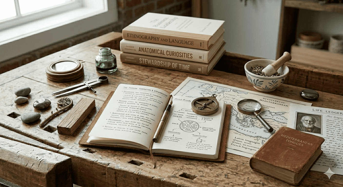 A close-up, naturally lit photograph from a first-person perspective, looking down at a detailed personal workshop bench and study desk made of thick, aged oak wood. The central open notebook with handwritten diagrams is surrounded by an annotated map with Latin, Greek, and French text, a compass, callipers analyzing natural specimens, a miniature mortar and pestle with dried herbs, and a small, framed portrait. Books on 'MEDITERRANEAN TONGUES' and 'ANATOMICAL CURIOSITIES' form a stack. The setting is ordered and scholarly.