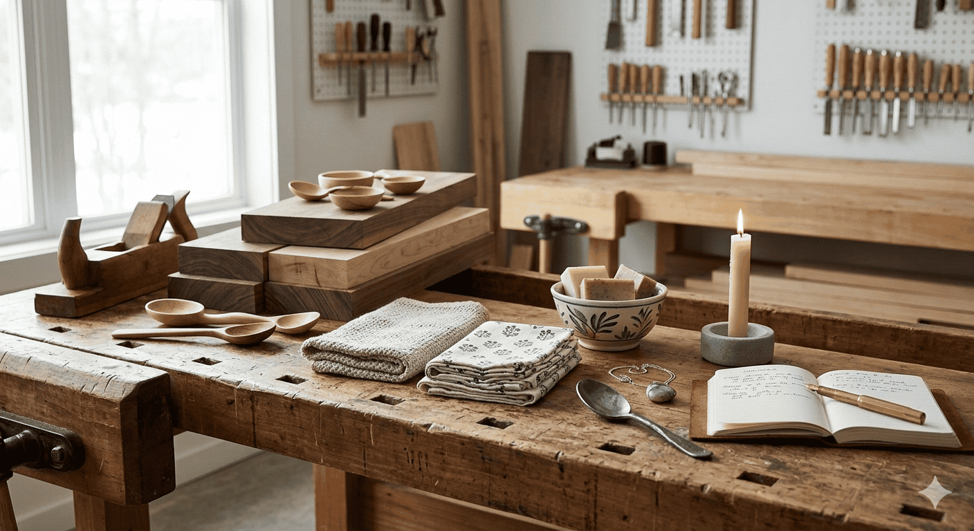 A detailed close-up photograph of a rustic wooden workbench in a naturally lit artisan studio. Arranged neatly are crafting tools, stacked wood blocks, handmade pottery with soap, an open notebook with a pen, a lit candle, and folded linens. Tools hang on pegboards in the background.