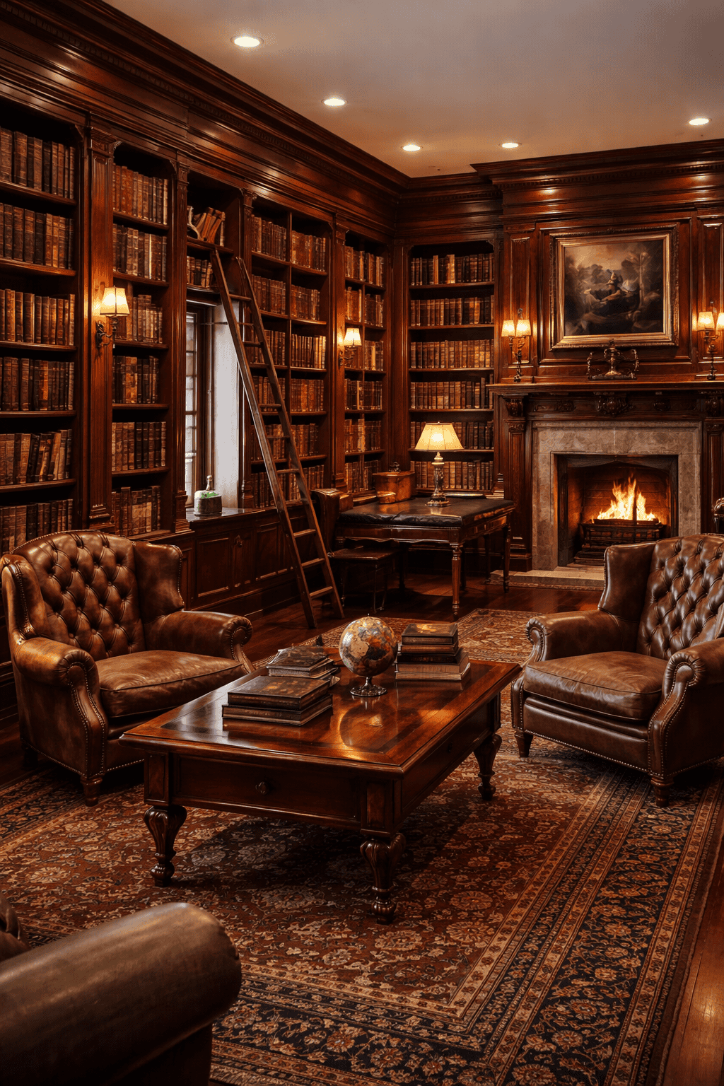 Elegant private library with cherry wood bookshelves, leather-bound books, rolling ladder, fireplace, and rich traditional furnishings.