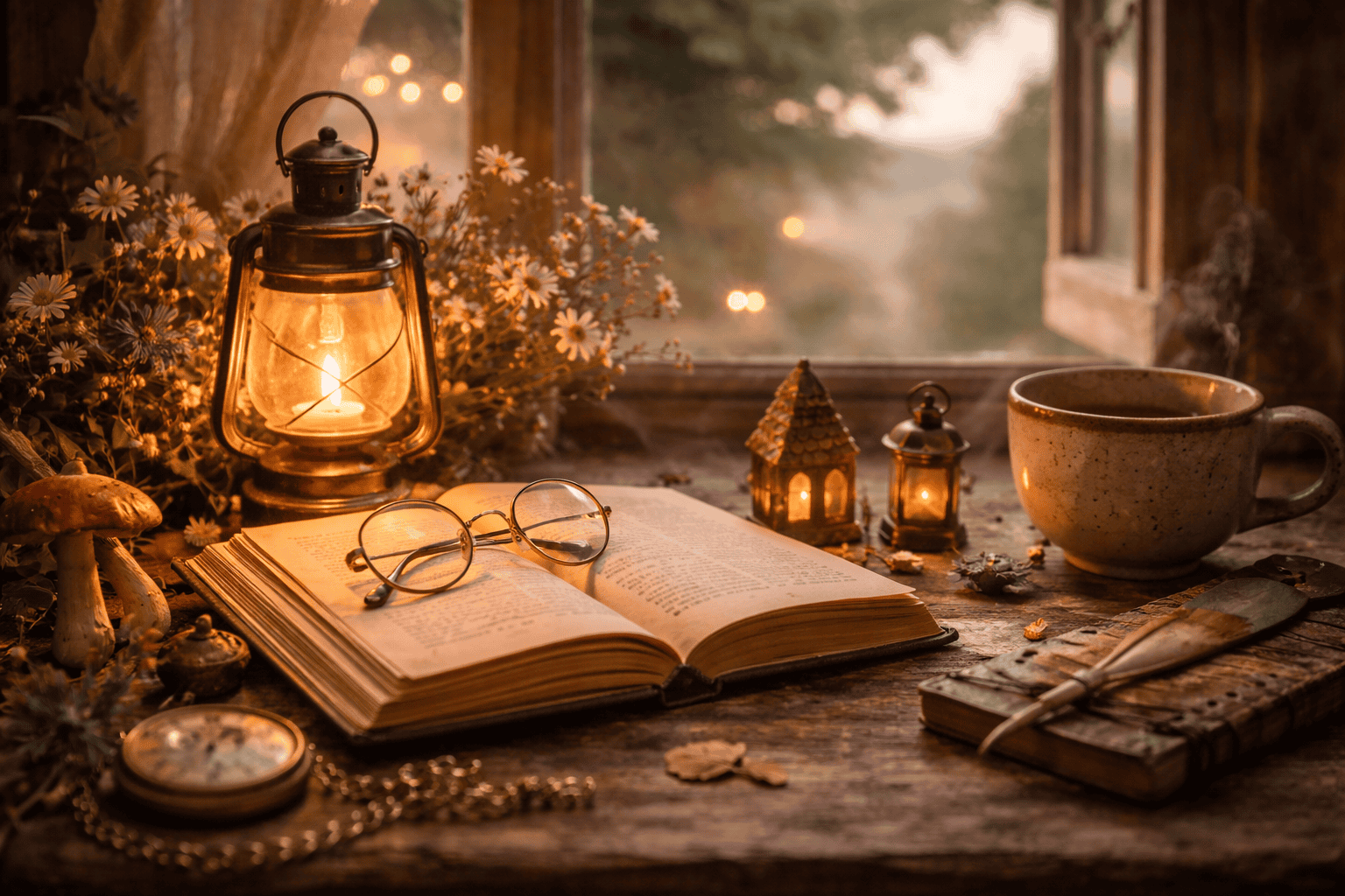 Open book with eyeglasses beside a glowing lantern, tiny decorative house, mushrooms, flowers, and a cup of tea on a rustic wooden table at twilight.