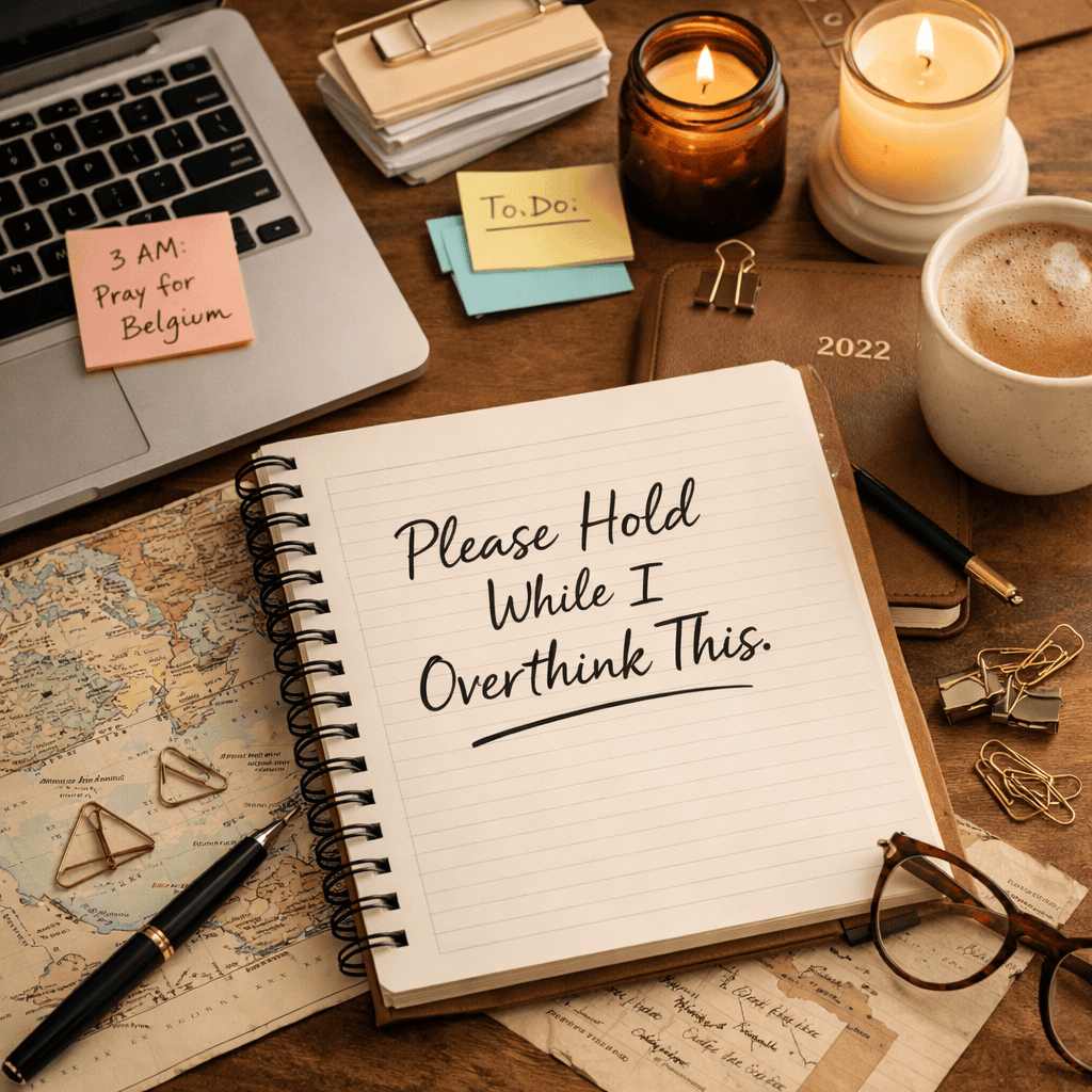 Warm, cozy desk scene with an open notebook titled “Please Hold While I Overthink This,” surrounded by a laptop, candles, vintage map, coffee cup, and thoughtful workspace details.