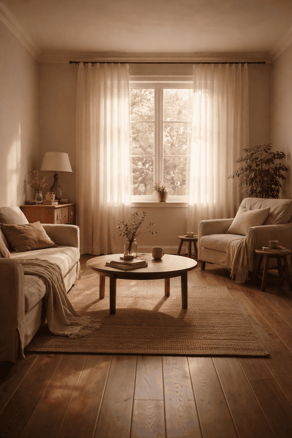 Warm morning light streaming through sheer curtains into a cozy living room with neutral tones, wooden floors, and a round coffee table.
