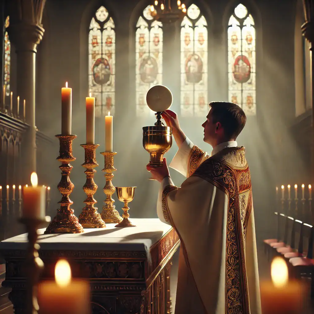 Consecrated Eucharistic host elevated above a chalice during Catholic Mass symbolizing the real presence of Christ