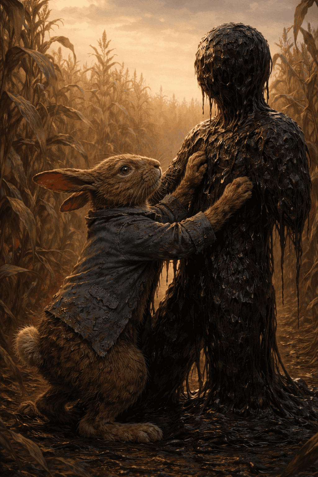 A brown rabbit stuck to a dark tar figure in a quiet corn field at dusk, paused in a moment of realization