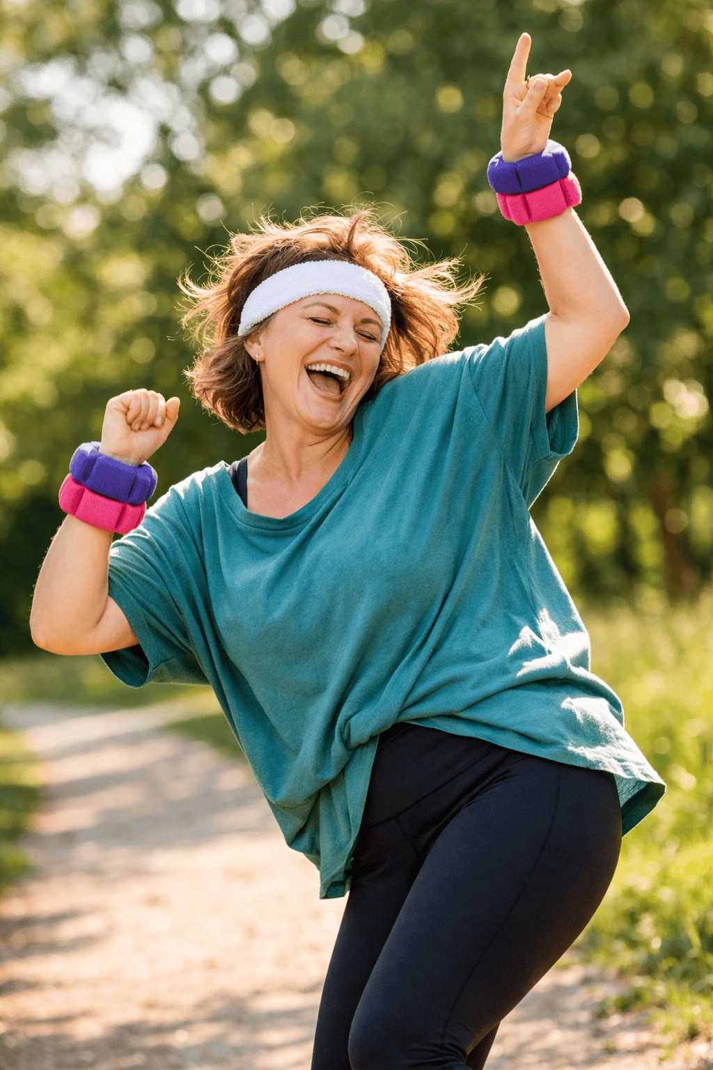 Woman dancing joyfully outdoors wearing wrist weights, a sweatband, yoga pants, and a loose jersey in a sunny park