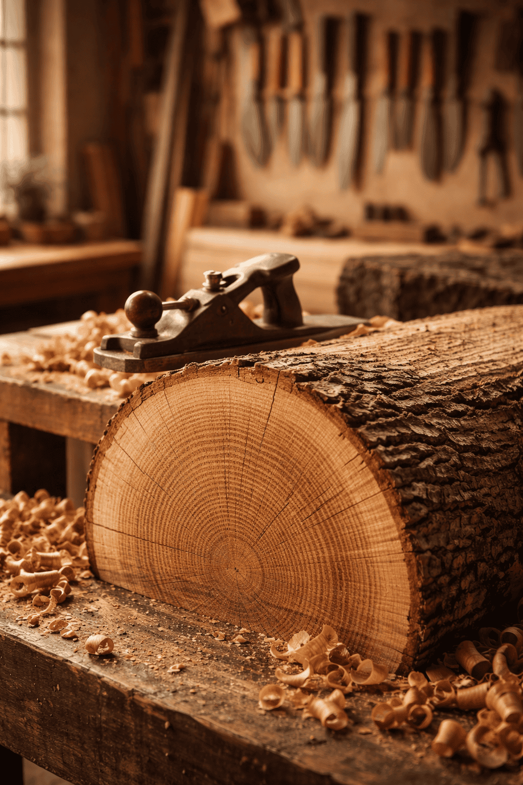 Freshly cut log showing visible growth rings on a woodworking bench with a hand plane and wood shavings in a traditional workshop.