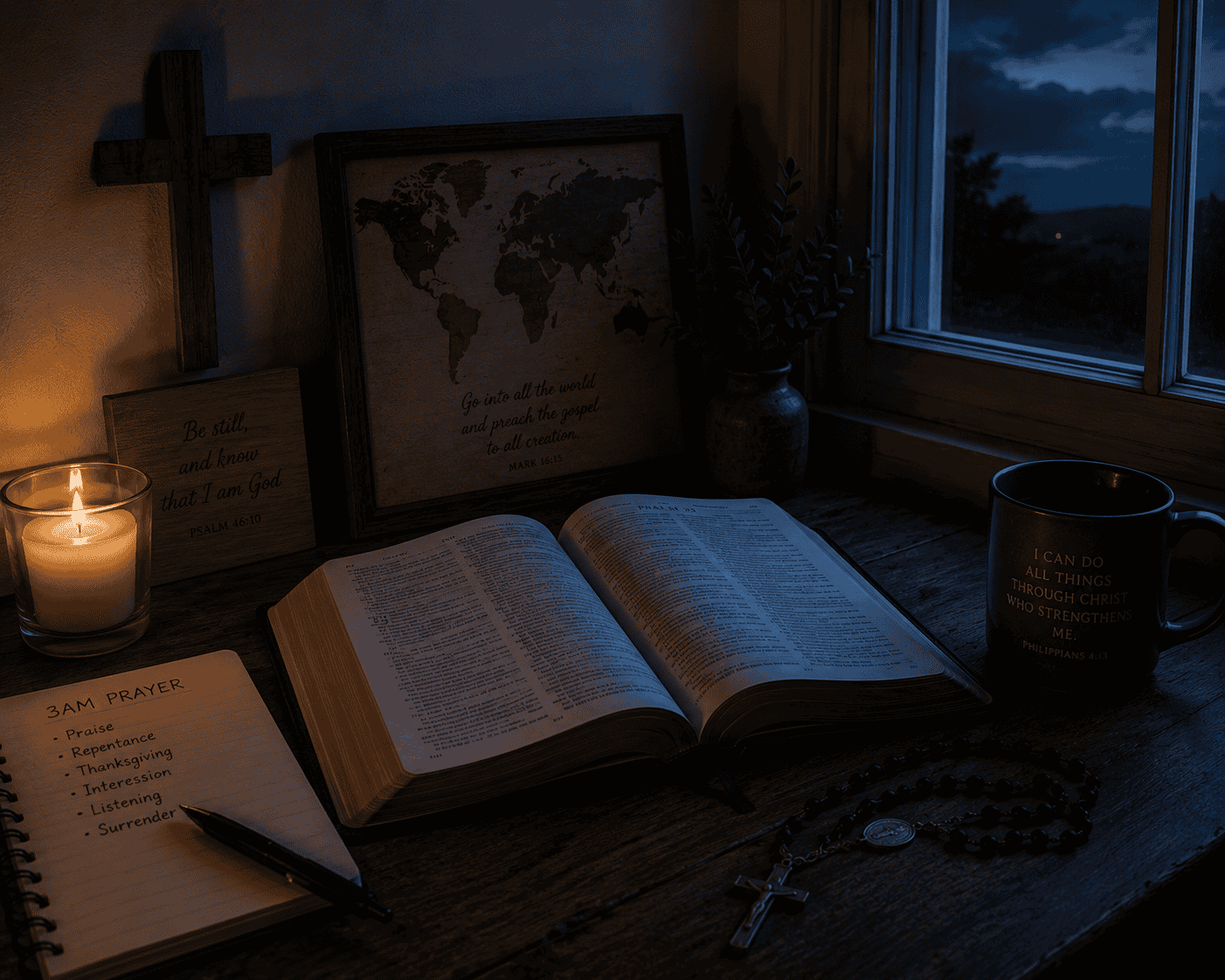 Open Bible with candles and spiritual decor for reflection and prayer.