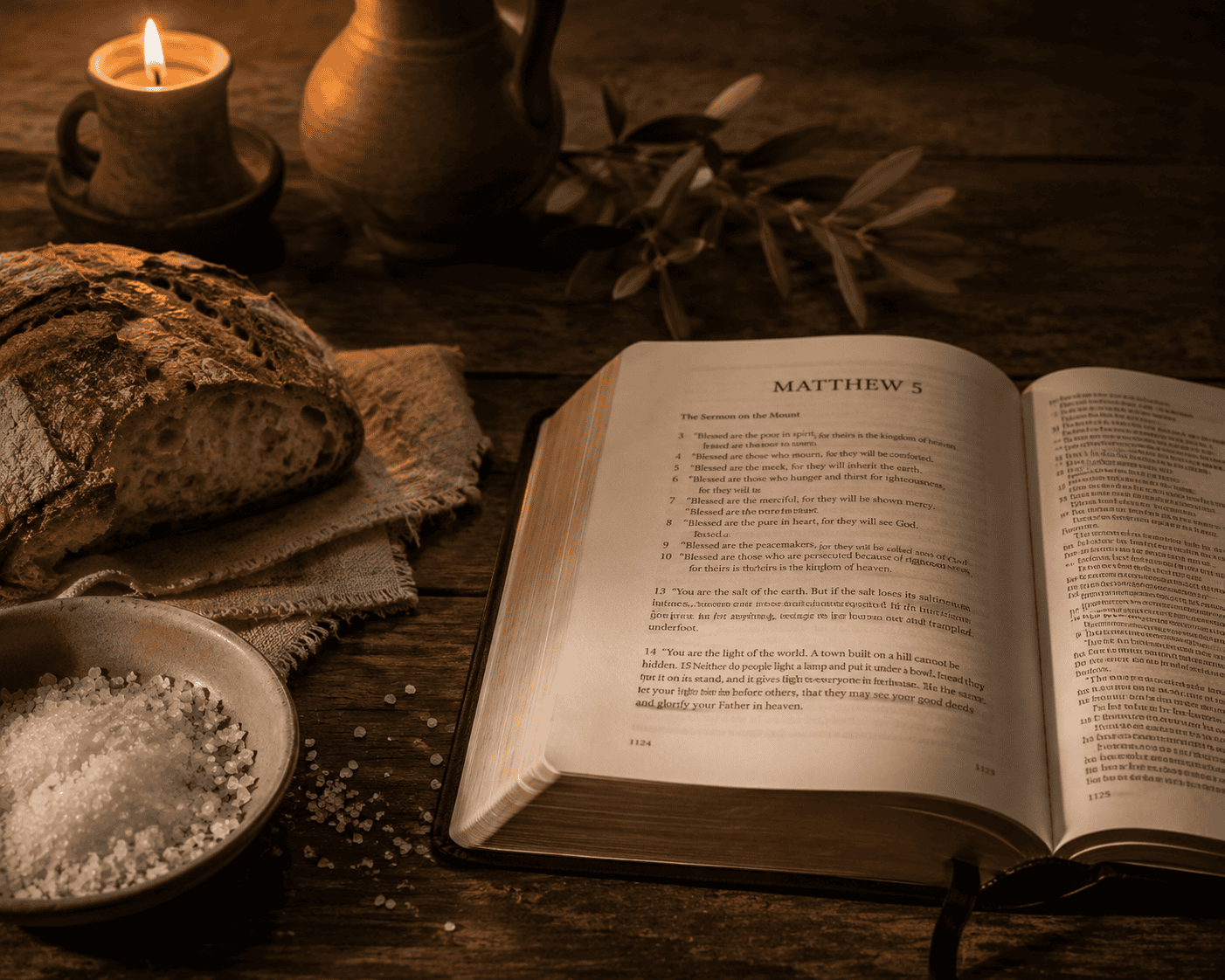 Open Bible on wooden table with bread, salt, and candle for a warm, spiritual atmosphere.