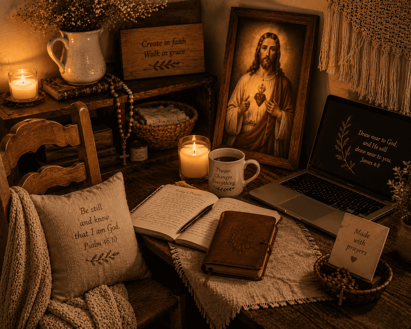 Serene prayer space featuring religious artwork, candles, and prayer books for spiritual devotion.
