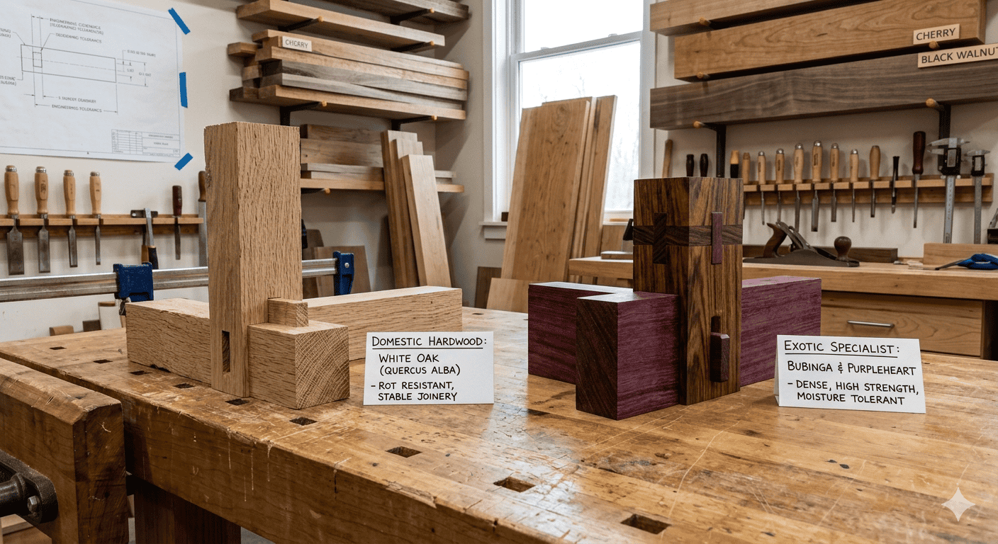 Woodworking workshop showcasing hardwood samples and tools for custom furniture projects.