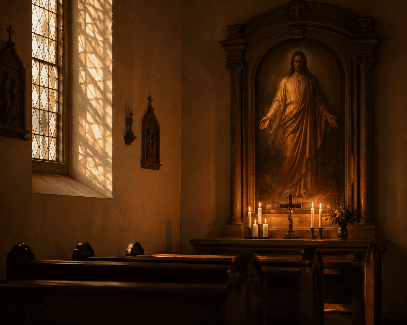 Jesus Christ altar with candles in a dimly lit church interior.