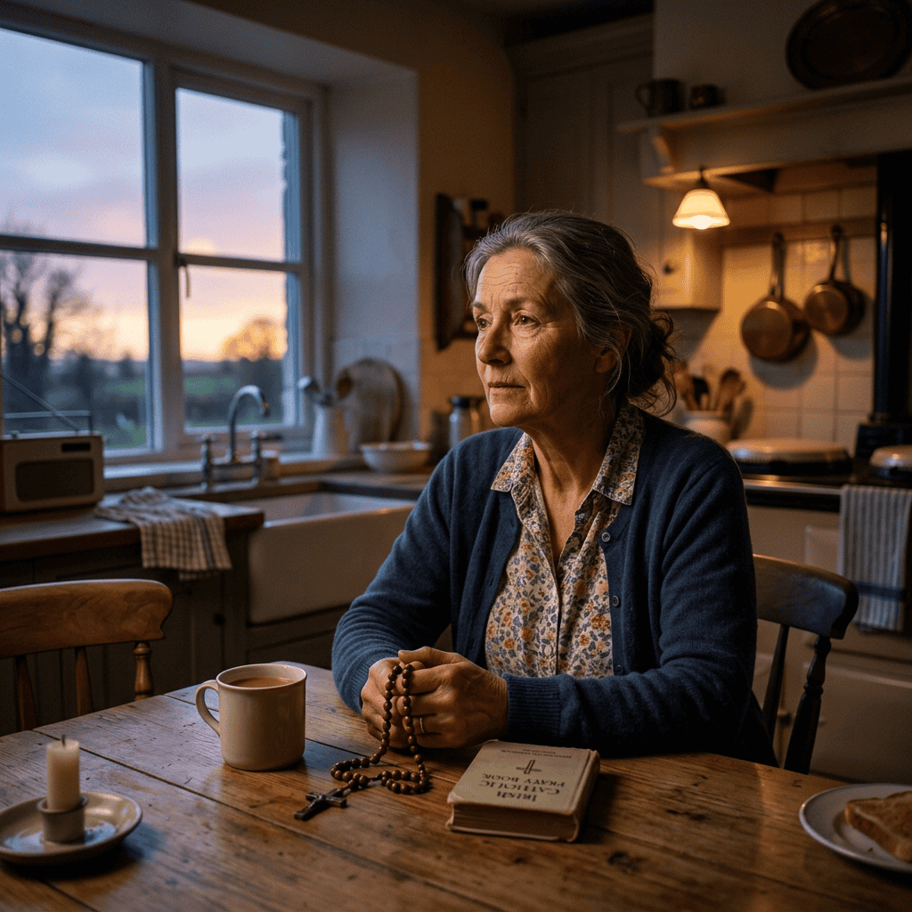 Elderly woman holding a rosary with a prayer book on the table, sitting in a cozy kitchen at sunset
