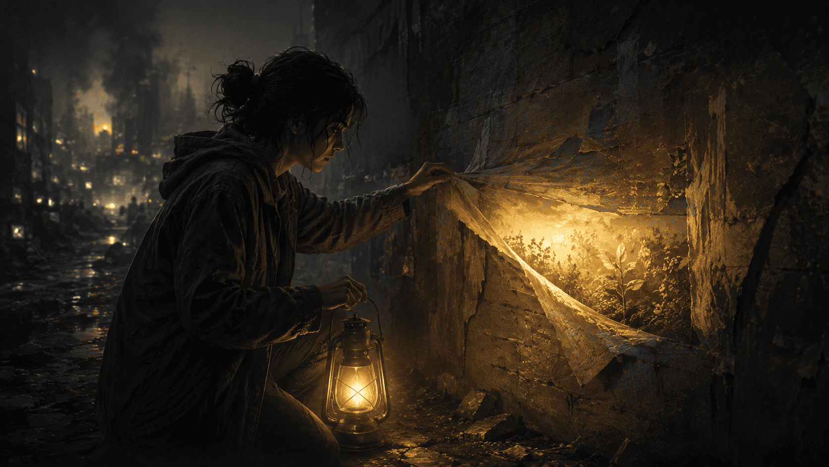 A person kneels with a glowing lantern and gently lifts an old covering from a wall, revealing warm light and new green growth beneath.