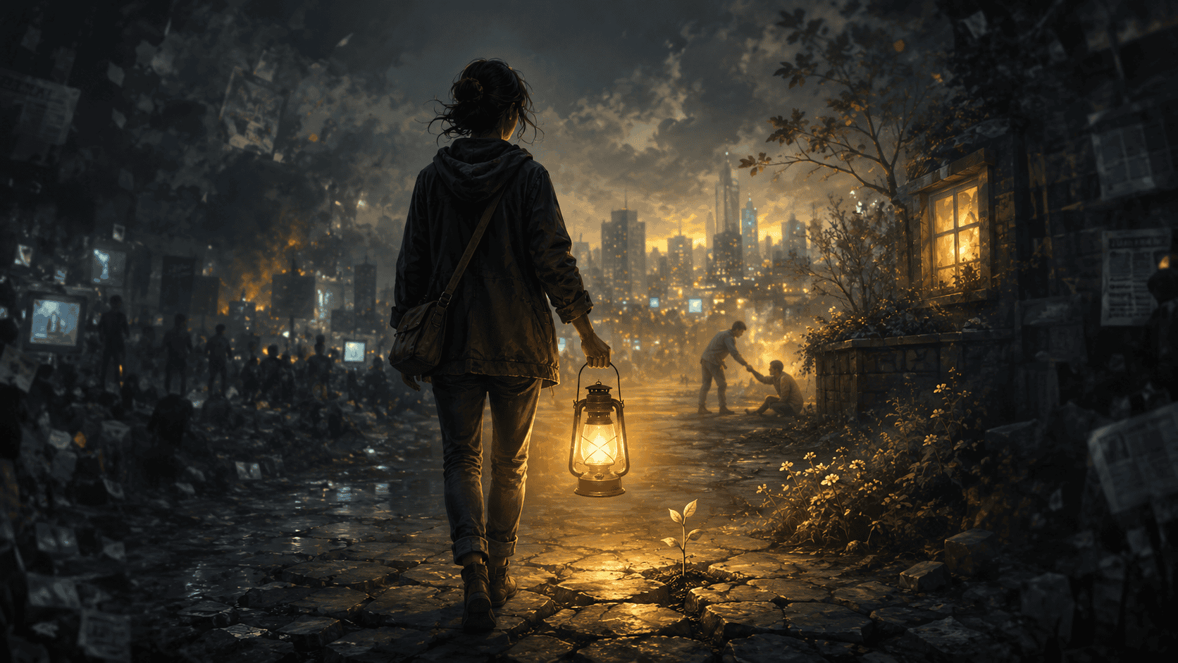 A person walks through a dark, smoky city carrying a glowing lantern, with a small green sprout, a helping hand, and a warm window symbolizing hope and hidden goodness.