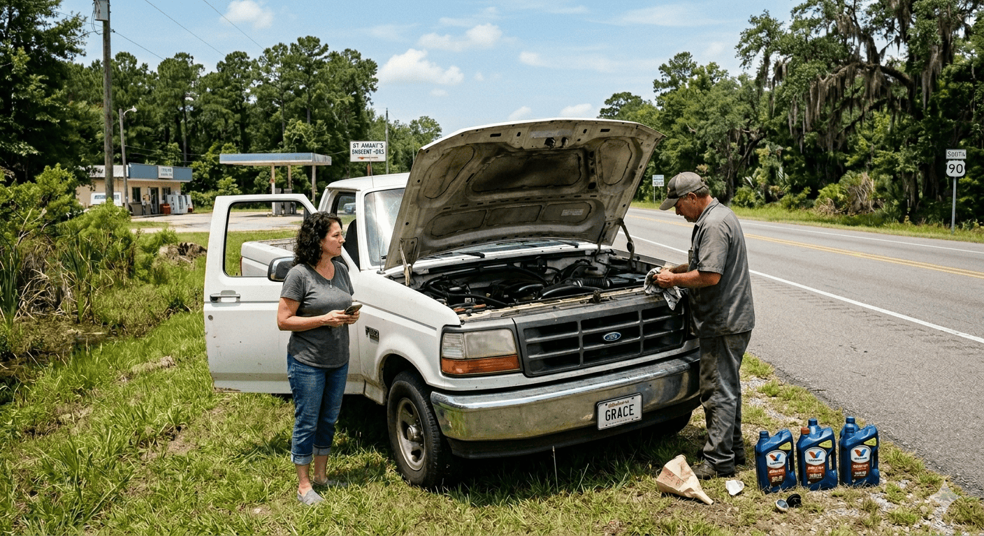 A white pickup truck parked on the grassy shoulder of an empty, rural South Louisiana highway with its hood up. A woman stands nearby holding a phone, while a man inspects the engine bay next to several quarts of motor oil.