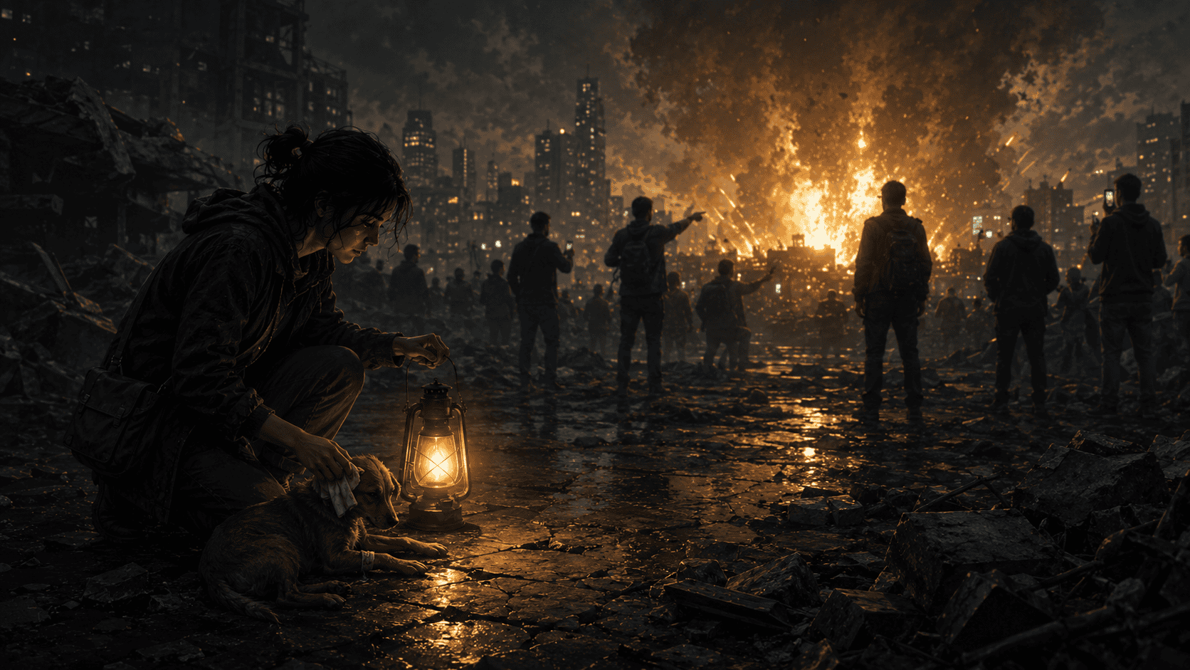A person with a glowing lantern kneels to tend an injured dog while a crowd watches a distant explosion in a dark city.