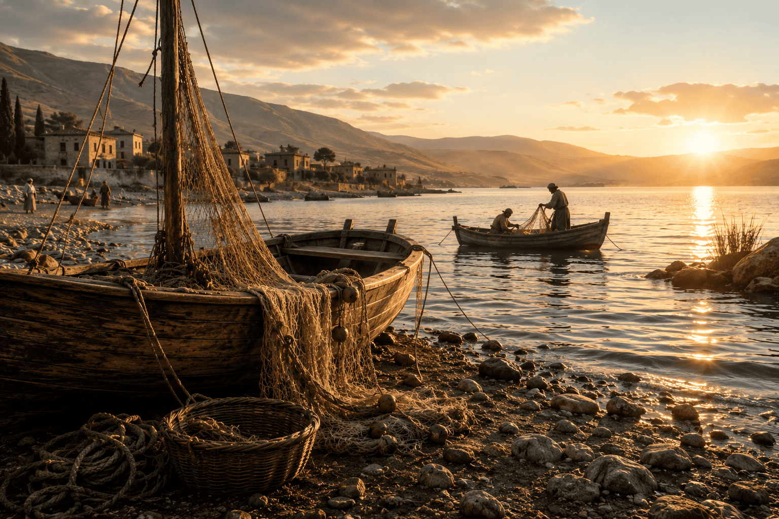 A peaceful sunrise over the Sea of Galilee with a wooden fishing boat resting on the rocky shoreline, fishing nets draped over the boat, and fishermen preparing their nets on the water near a lakeside village.
