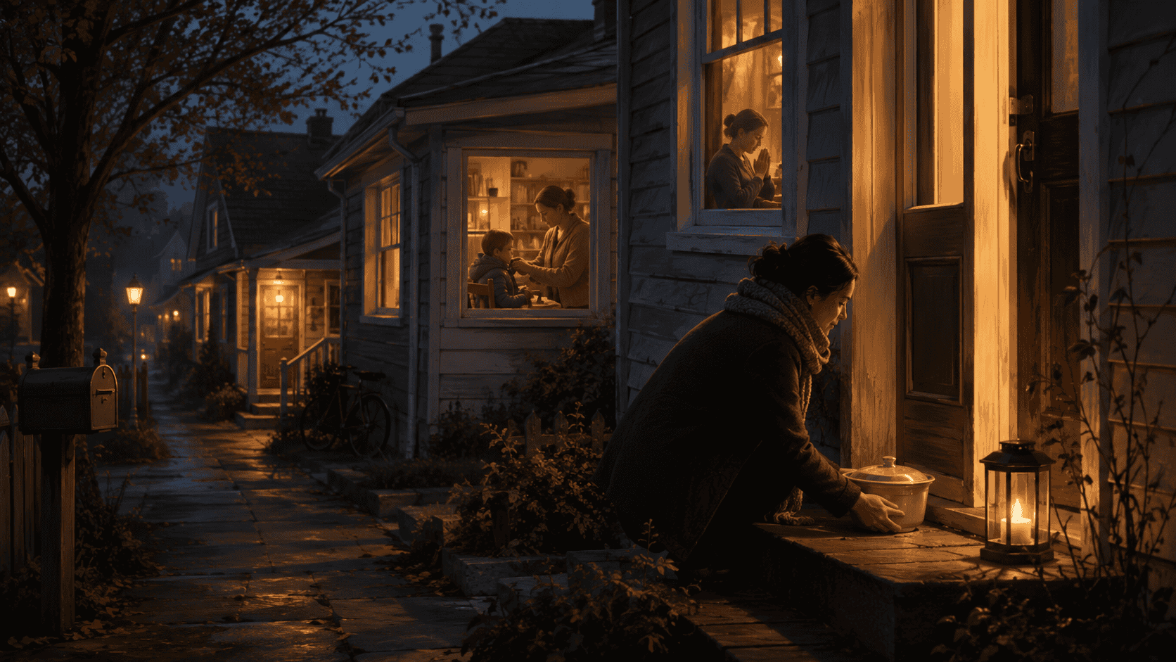 A woman quietly leaves a covered dish on a neighbor’s doorstep by lantern light while warm windows show people praying and caring for a child inside nearby homes.