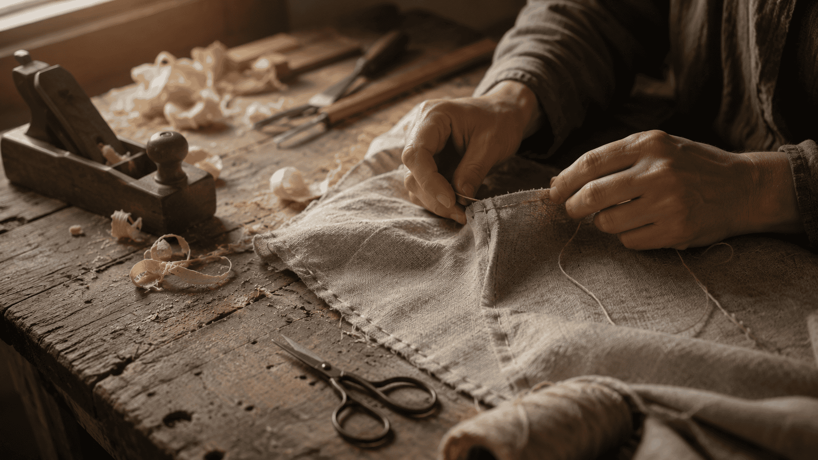 Hands stitching an unfinished piece of linen on a worn wooden workbench beside a hand plane, scissors, thread, and curled wood shavings in soft morning light.