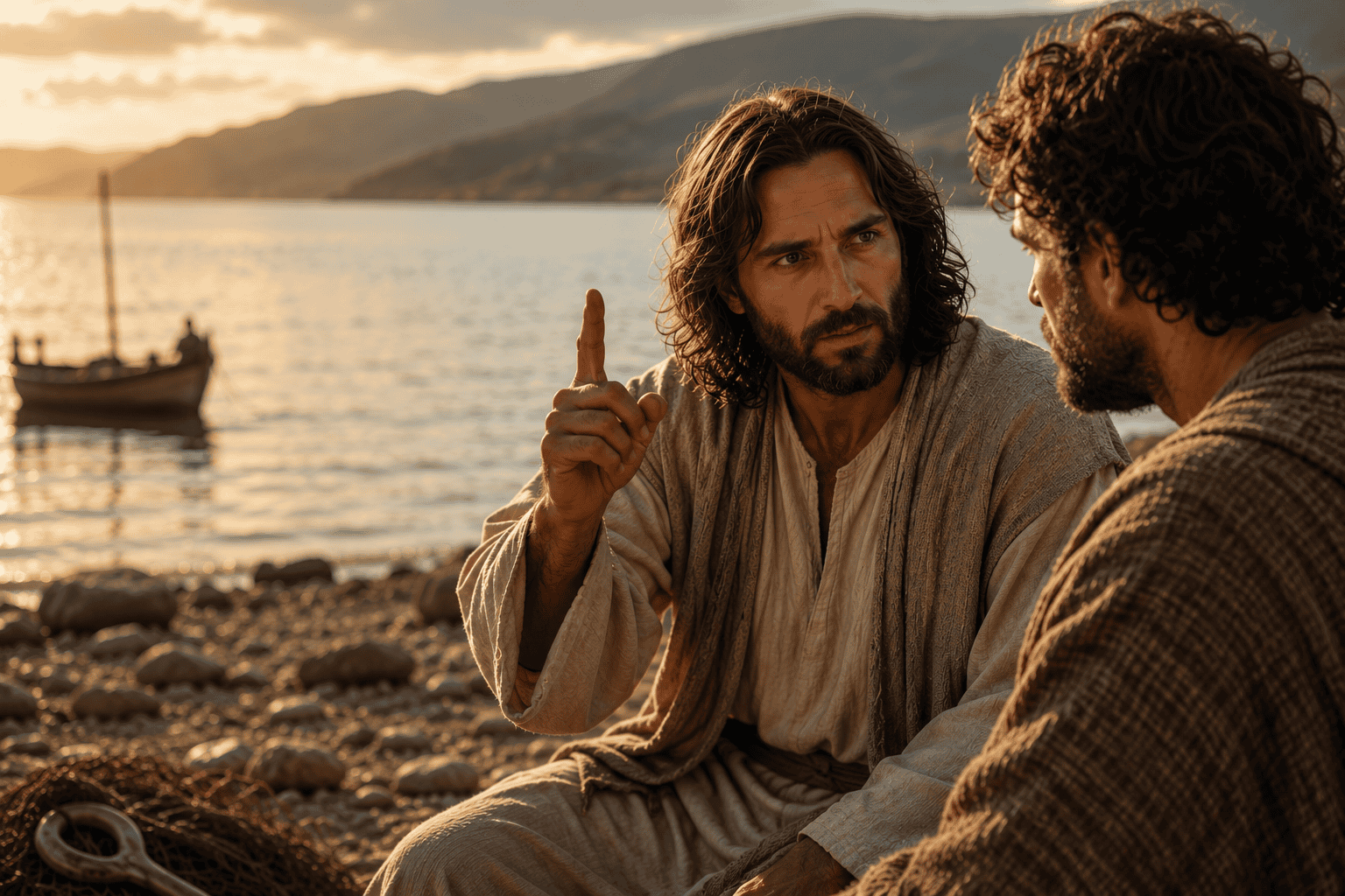 Jesus sits beside Peter on the rocky shore of the Sea of Galilee, gently but firmly teaching him as the golden evening light reflects across the water.