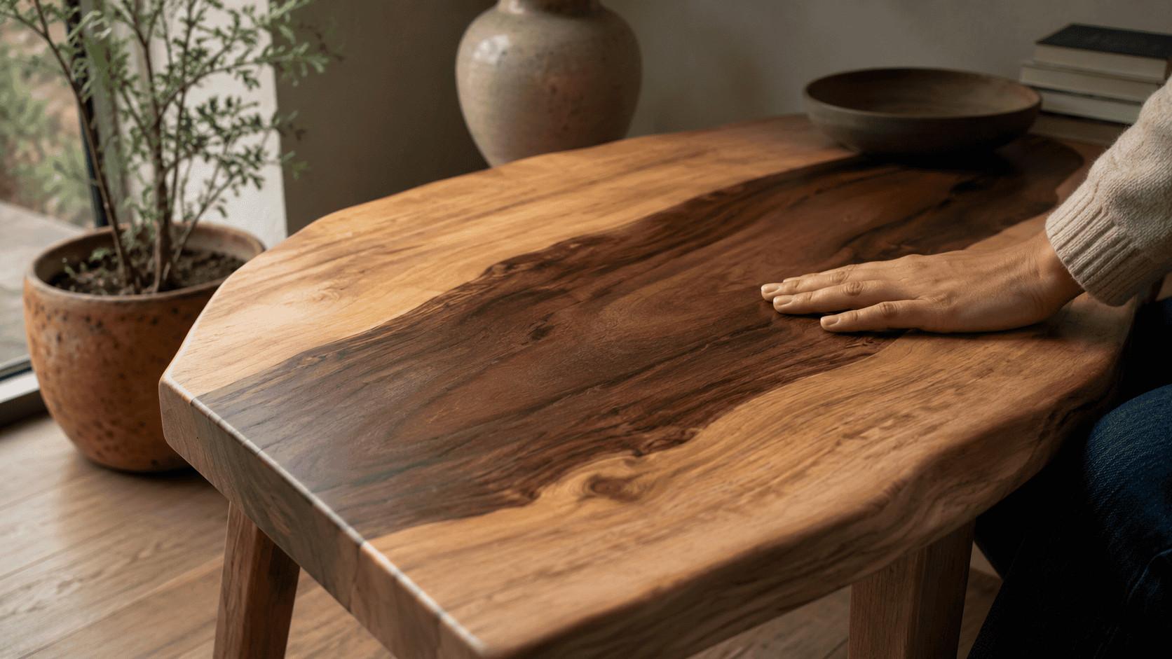 A close-up of a finished wooden tabletop showing the natural flowing lines of wood grain.