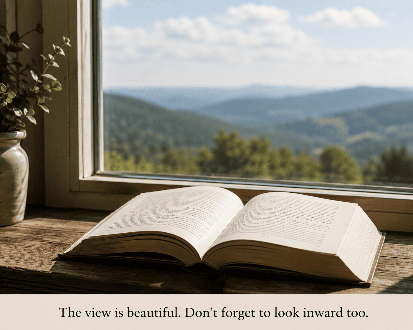 An open book resting on a sunlit wooden table beside a window, with softly blurred green hills and blue sky in the distance.