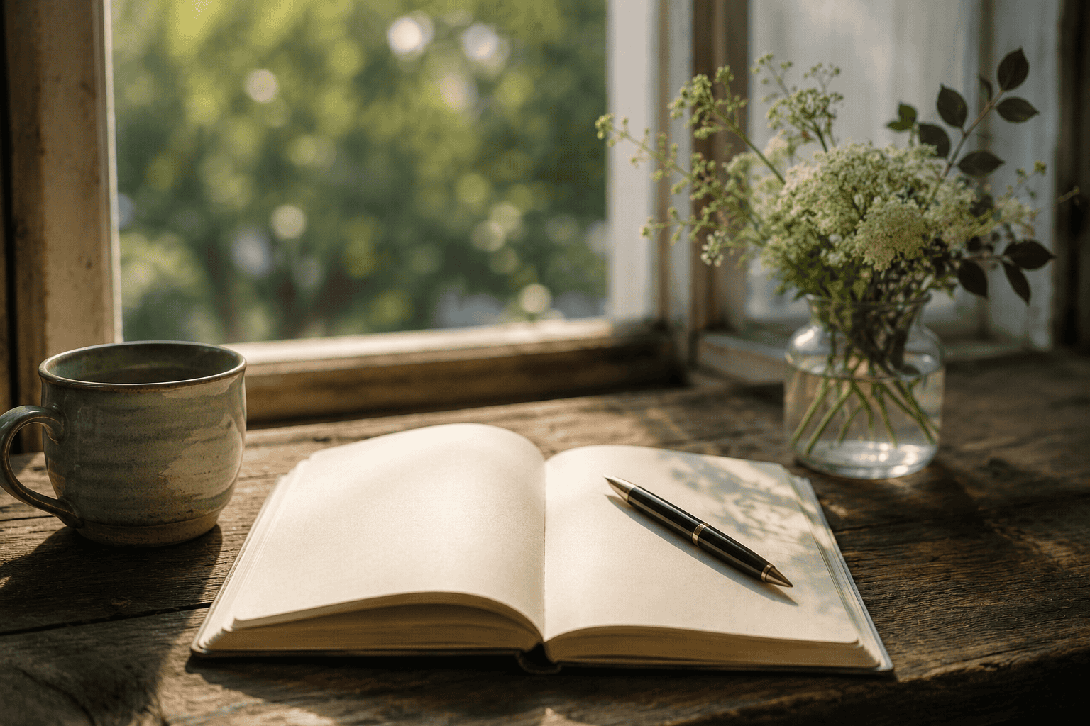 An open blank notebook with a black pen rests on a sunlit wooden table beside a ceramic mug and a small vase of white flowers.