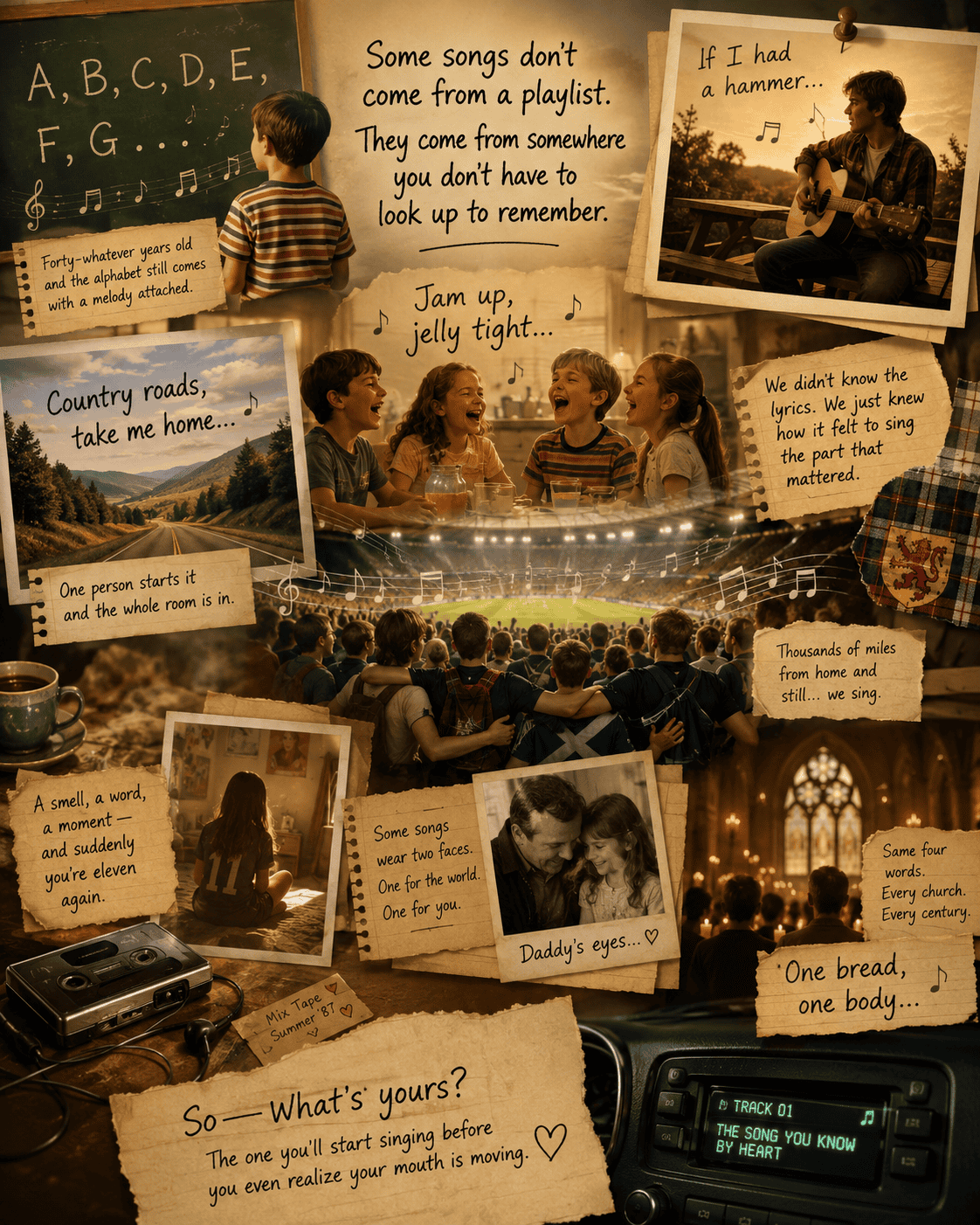 Mixed-media collage of nostalgic song memories, including a child at a chalkboard with the alphabet, friends singing together, a country road, a stadium crowd, a church scene, a cassette player, and handwritten notes about songs that stay with us.