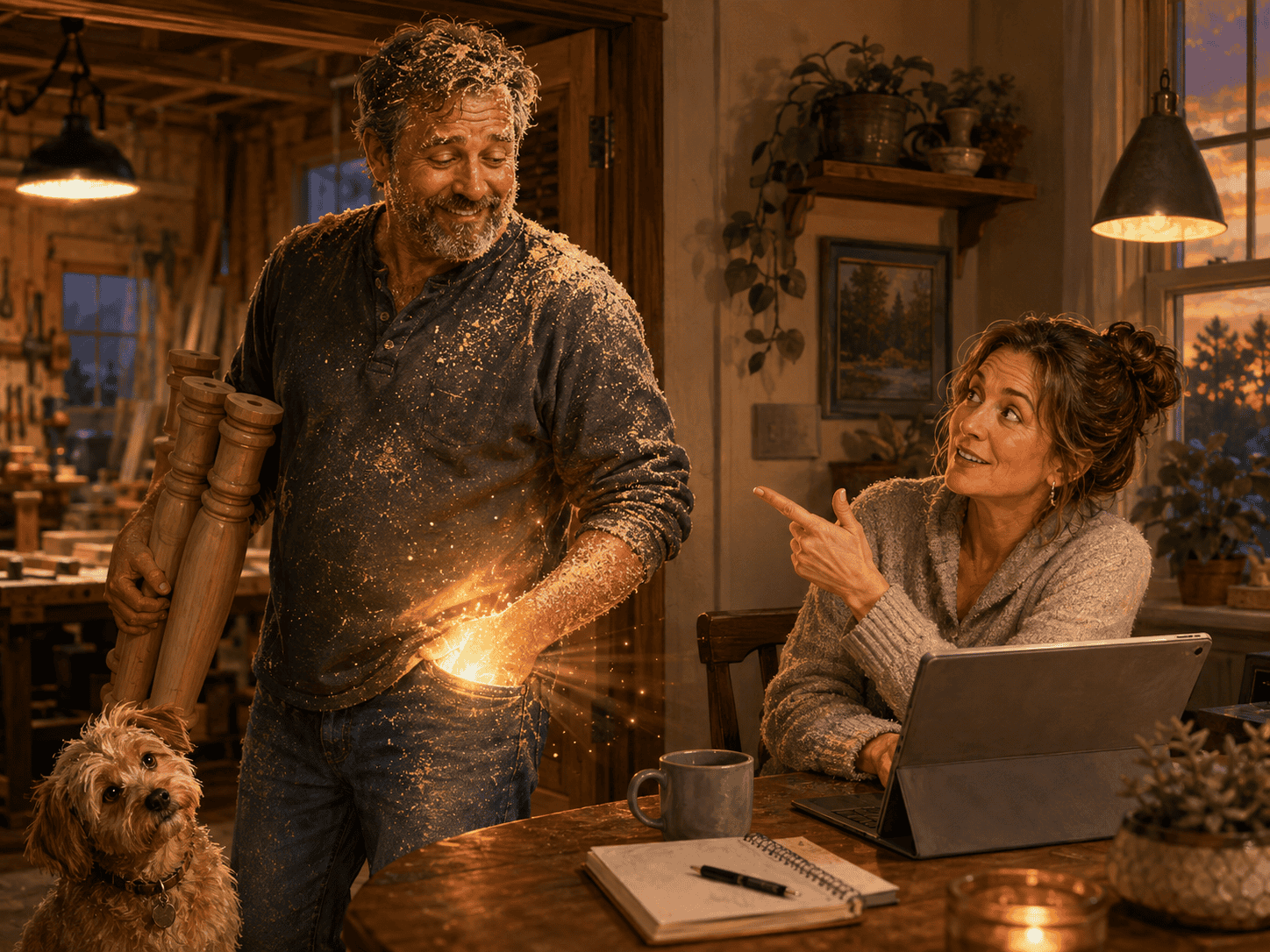 A sawdust-covered woodworker stands beside his wife with turned table legs under one arm and golden light spilling from his pocket while a curious dog tilts its head nearby.