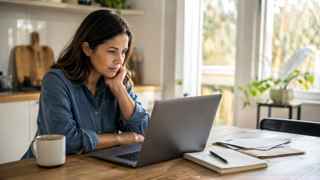 A person sits at a kitchen table with an open laptop, notebook, and paperwork while reviewing what to do next after job loss.