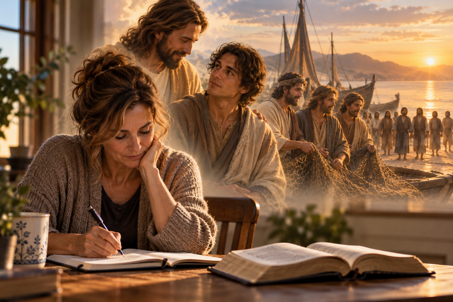 A modern woman writes in a journal beside an open Bible while a biblical scene unfolds behind her, with Jesus and John nearby, fishermen with their nets, and the apostles farther along the shore.