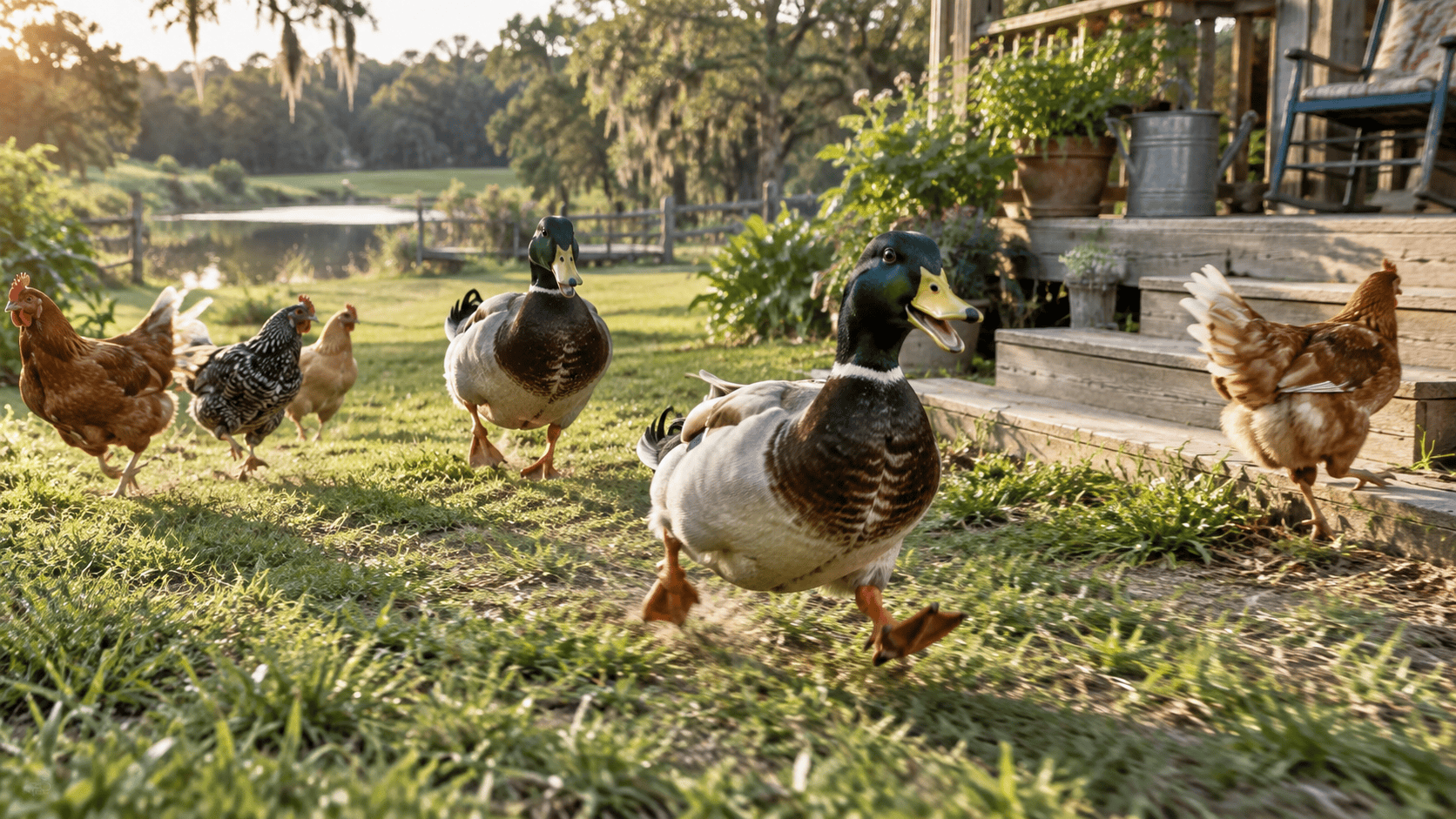Two male ducks hurry across a sunny country yard toward a wooden porch as startled chickens scatter around them.