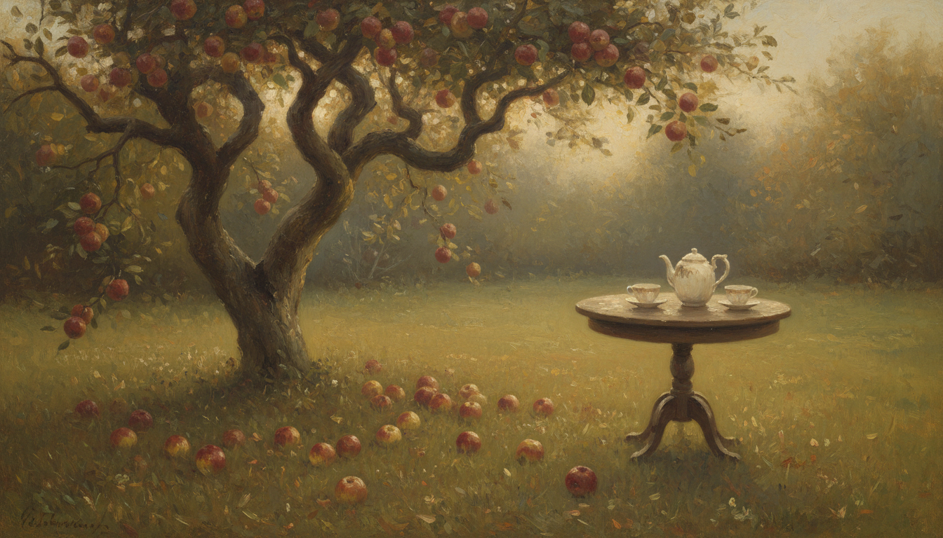 An old apple tree in an English garden in autumn, red apples hanging from the branches and a few fallen in the grass beside a small tea table.