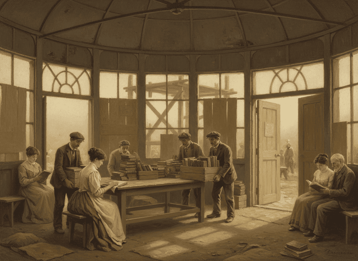 Painting of townspeople in 1870s clothing opening crates of donated books in a simple round building, warm light, with new buildings going up outside.
