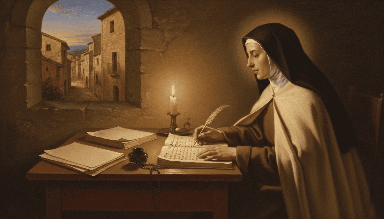 A Carmelite sister in a brown habit writing by candlelight at a wooden desk, with a Spanish walled town glowing in the window.