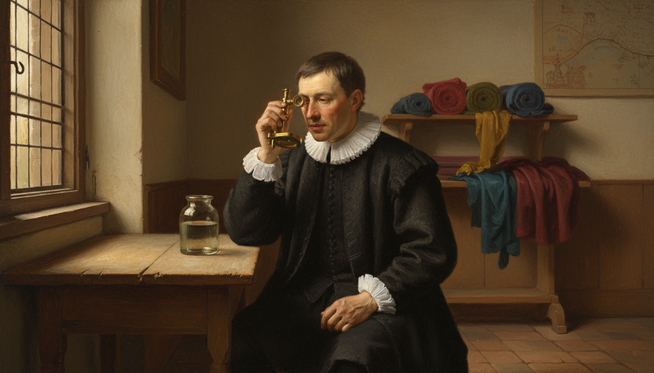A 17th-century Dutch cloth merchant sits by a sunlit window, holding a tiny brass microscope to his eye, with a small jar of water on the table.