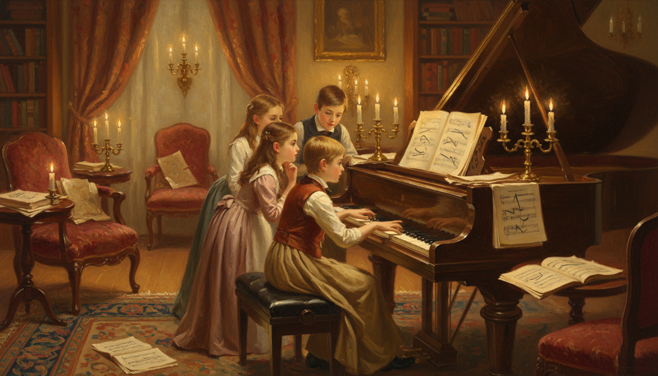 A candlelit 19th-century music room where a pianist plays a grand piano while young students gather close to listen