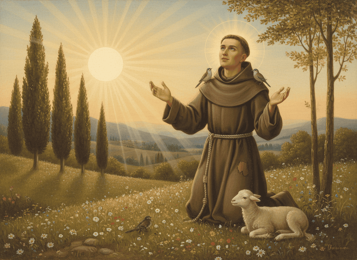 A painting of a humble friar in a brown habit kneeling in a sunlit Italian meadow at dawn, with birds and a lamb nearby.