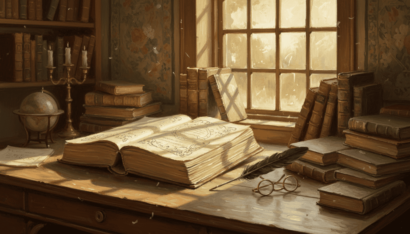 An old open dictionary with a quill pen and spectacles on a wooden desk in warm window light.
