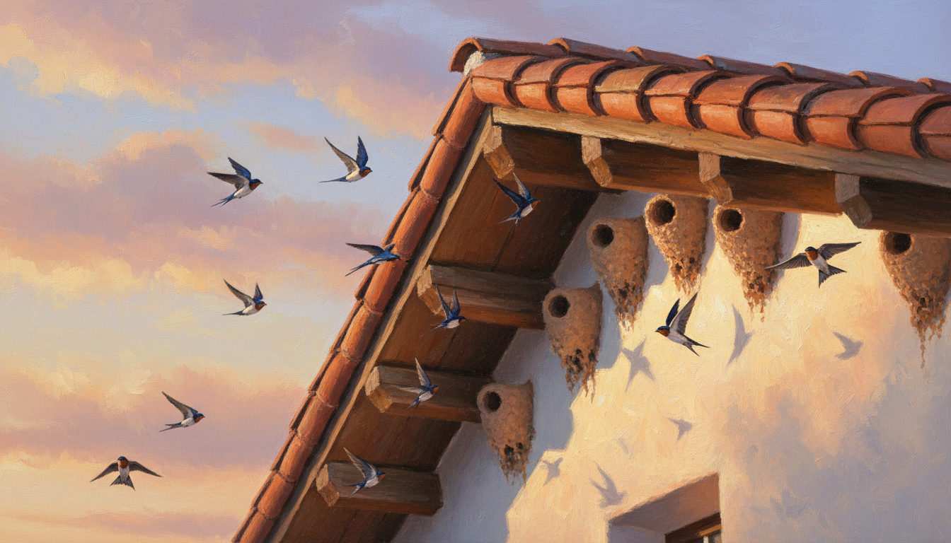 Cliff swallows flying around small mud nests under the tiled eaves of an old whitewashed mission church at golden hour.