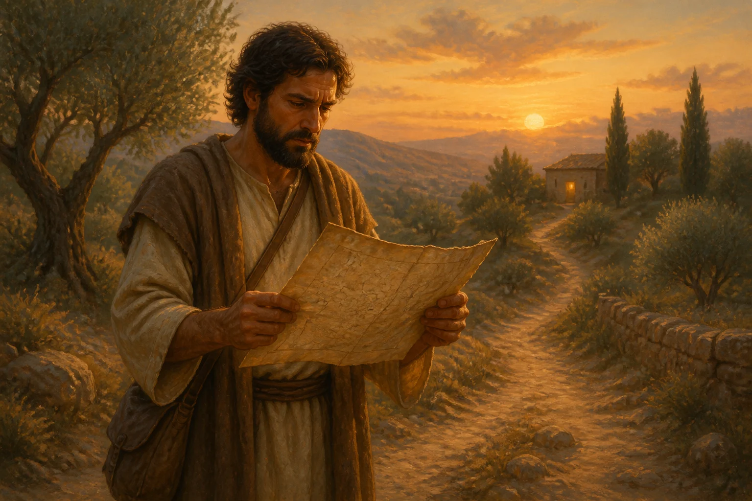 Thomas stands on a dusty road at sunset, studying an old paper map, with olive trees and a distant house with a glowing window behind him.